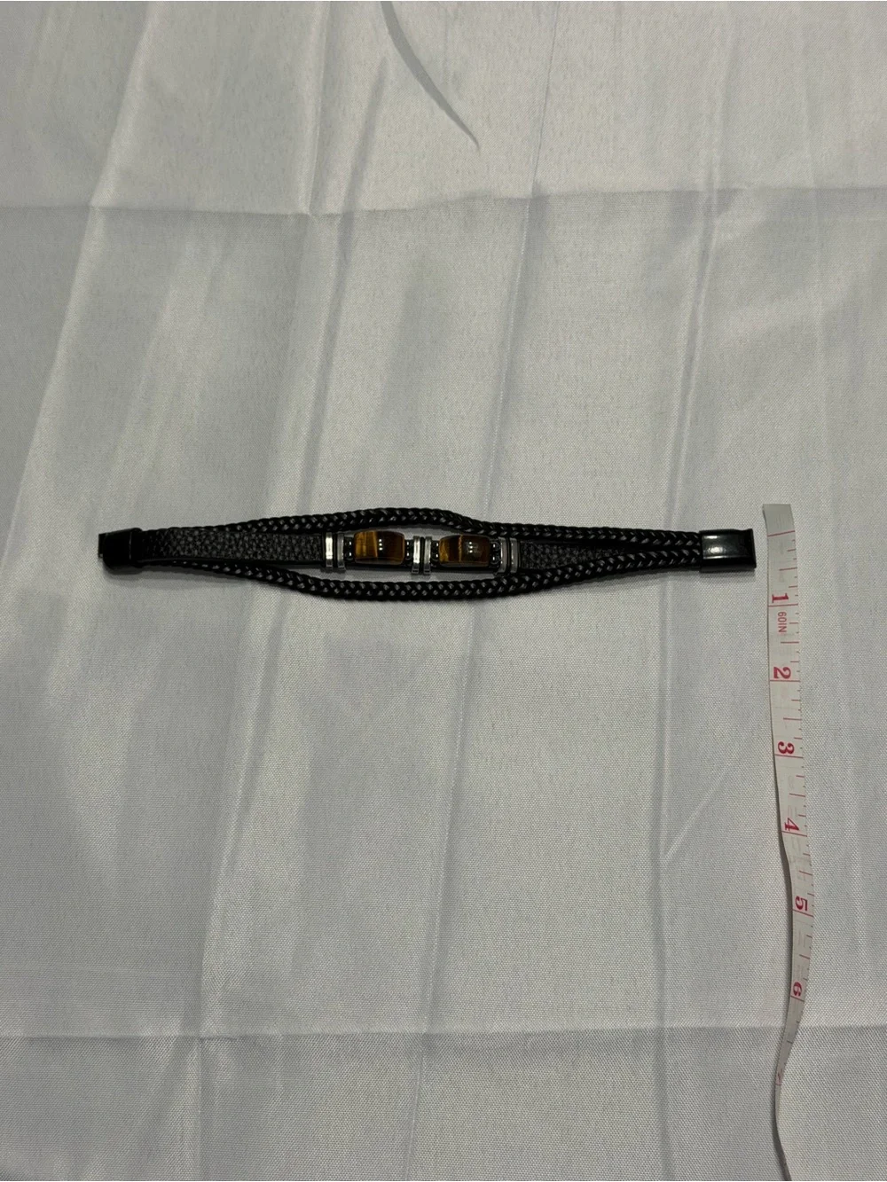 Men's Black Leather Bracelet with Brown Stone charm and Magnetic Clasp